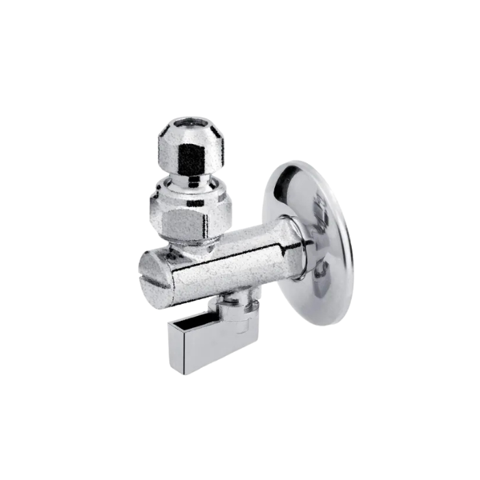 Rubinetto sottolavabo a sfera 1/2" cromato  con filtro e snodo per tubo 10 mm. Leva in plastica.